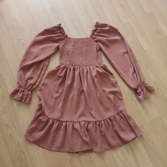 Shein Brown Smocked Long Sleeve Knee Length Dress Suare Neck Sz Small - Picture 1 of 9